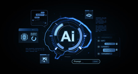 Fototapete - Futuristic user interface with AI chatbot icons and virtual interface elements in neon blue digital style on dark background for artificial intelligence concept. 3D Rendering