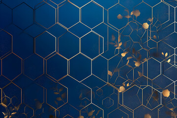 Poster - Elegant blue background with golden geometric honeycomb pattern and delicate botanical elements