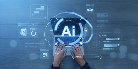 Fototapete - Hands typing on laptop with AI interface and hologram graphics on dark desk.