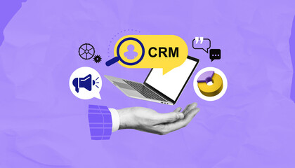 Poster - CRM system concept with laptop, hand, and marketing icons on abstract purple background in modern collage style for digital business solutions.