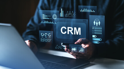 Poster - CRM system interface with futuristic digital analytics and user data charts on virtual screen in business technology environment concept.