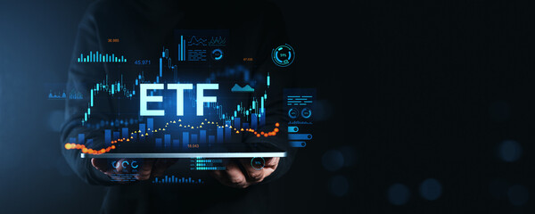 Poster - etf concept with holographic stock chart and business analytics on dark background.
