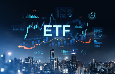 Poster - ETF financial graph and data analytics over Bangkok city skyline at night.