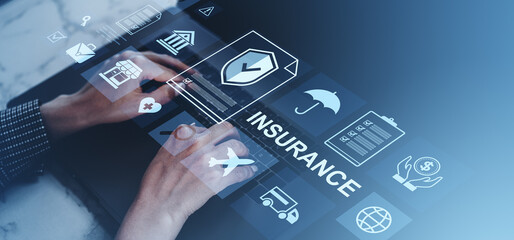 Poster - hands typing on laptop with floating insurance icons and digital interface on a gradient blue backgr