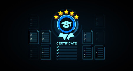 Poster - Digital certificate badge with graduation cap, checklist documents, and five stars on dark background representing achievement and education success. 3D Rendering