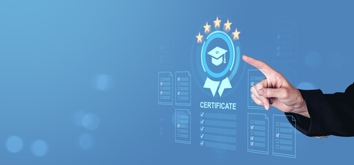 Fototapete - Hand touching digital certificate icon on transparent interface screen background.