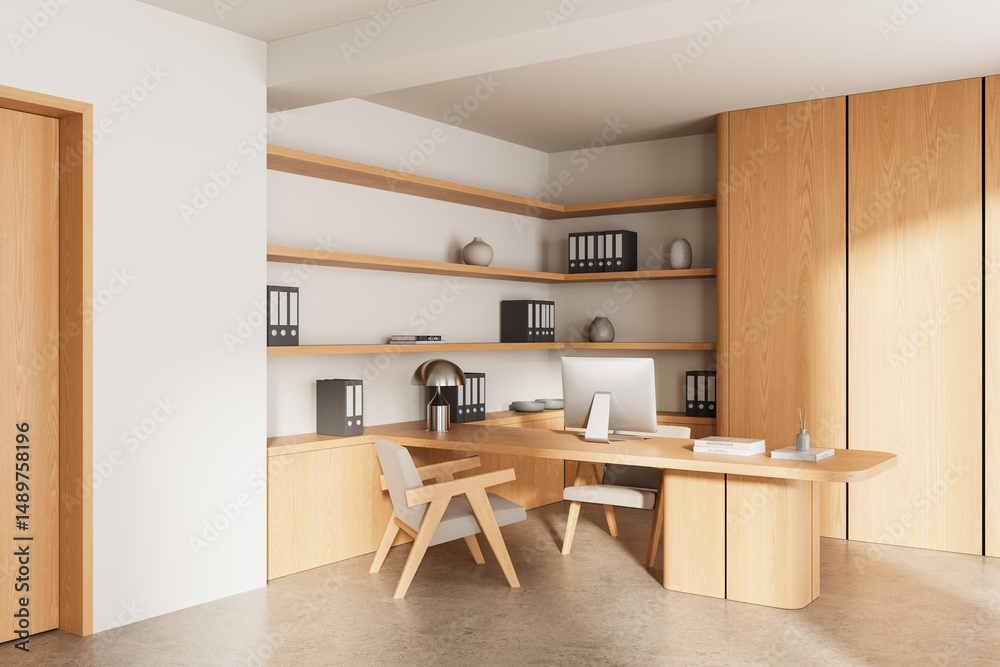 Modern minimalist office interior with wooden furniture, shelves, and ...