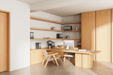 Poster - modern minimalist office interior with wooden furniture, shelves, and computer desk in bright natura