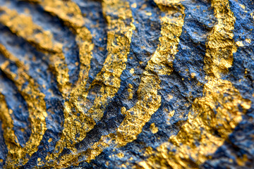 Poster - Abstract gold texture with blue rock formation a close up of metallic lines and rough surface