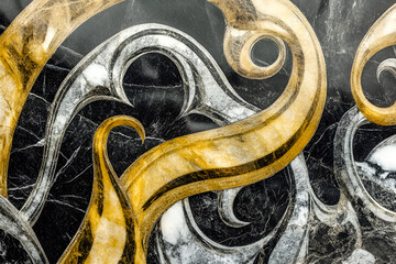 Poster - Abstract marble swirls in gold and silver against a black marble background artistic decorative surface design