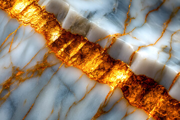 Aufkleber - Close up shot showing beautiful glowing gold veins embedded in white and blue marble stone highlighting texture and natural patterns.