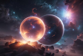 Wall Mural - Glowing orb amidst swirling nebulae, cosmic dust ,  outer space,  space,  vibrant colors