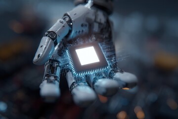 Poster - Robotic hand holding a glowing processor chip