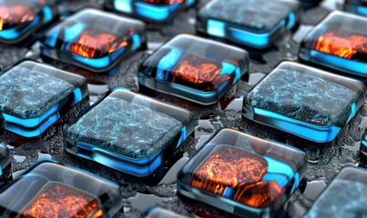 Poster - Abstract glowing cubes, liquid surface, technology background, futuristic design, website header