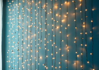 Poster - Warm glowing string lights displayed on a teal wall creating a festive and atmospheric background for celebration