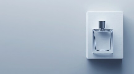 Aufkleber - A minimalist image showcasing a clear, rectangular glass perfume bottle with a silver cap, resting atop a white square platform against a light blue background