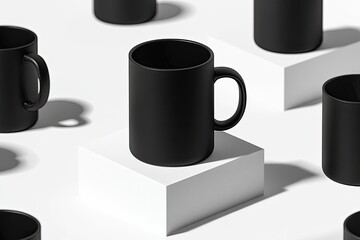 Aufkleber - A matte black mug sits on a white cube, surrounded by other black mugs on a white surface, creating a minimalist, repeating pattern with soft shadows