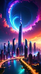 Poster - futuristic skyline with colorful vortex above urban cityscape