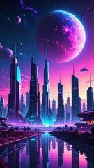 Poster - Vibrant Alien City Skyline Under Strange Cosmic Sky at Dusk