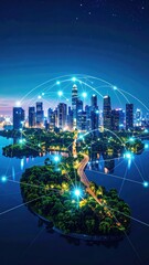 Poster - Futuristic City Skyline with Floating Landmasses and Energy Bridges