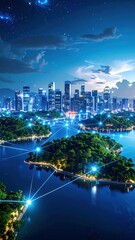 Poster - Enchanting City Skyline with Floating Landmasses and Energy Bridges
