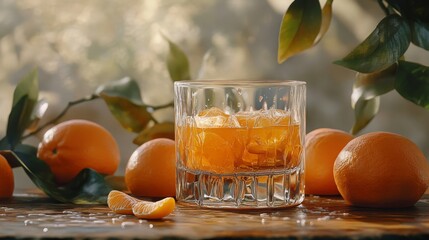Poster - An artistic shot of a clear glass filled with vibrant orange juice, with droplets of condensation on the outside, set on a wooden table with fresh oranges nearby.