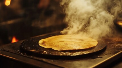 Poster - An artistic shot of a dosa being prepared on a hot griddle, with golden-brown edges and a slight crisp, emphasizing the cooking process and delicious aroma.