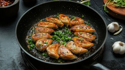Poster - An artistic shot of gyoza being pan-fried in a skillet, with the crispy bottoms sizzling, surrounded by fresh ingredients like garlic and scallions for a vibrant presentation.