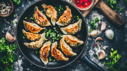 Poster - An artistic shot of gyoza being pan-fried in a skillet, with the crispy bottoms sizzling, surrounded by fresh ingredients like garlic and scallions for a vibrant presentation.