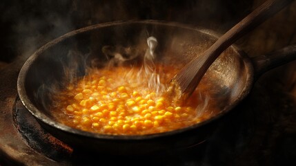 Poster - An artistic shot of hot cheese corn sizzling in a pan, with the cheese bubbling and the corn perfectly cooked, emphasizing the cooking process and enticing aroma.