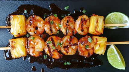 Poster - An overhead shot of skewers of shrimp and pineapple, glazed with barbecue sauce, placed on a dark slate plate with lime wedges for a tropical touch.
