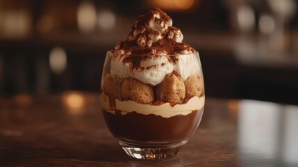 Poster - A beautifully crafted tiramisu, layered with coffee-soaked ladyfingers and mascarpone, presented in a clear glass dish with cocoa powder dusting.