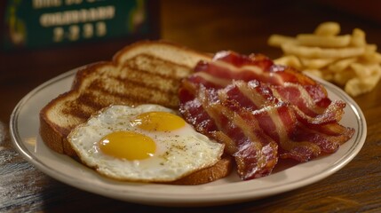 Poster - A breakfast plate with crispy bacon, fried eggs, and fresh toast, arranged on a rustic wooden table with natural light.