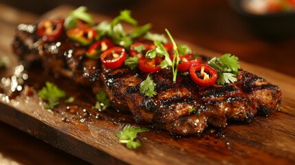Poster - A close-up of a beautifully grilled tandoori chicken piece, garnished with sliced chilies and cilantro, presented on a rustic wooden plate for an appetizing appearance.