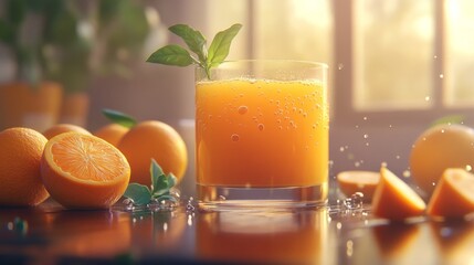 Aufkleber - A close-up of a glass of freshly squeezed orange juice, glistening in the sunlight, surrounded by halved oranges and a sprig of mint for a refreshing look.