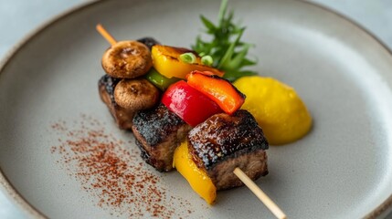 Poster - A close-up of a single yakitori skewer with a variety of toppings, including mushrooms and bell peppers, showcasing the delicious combination of flavors and textures.