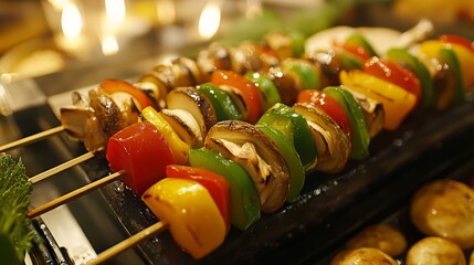 Poster - A close-up of a single yakitori skewer with a variety of toppings, including mushrooms and bell peppers, showcasing the delicious combination of flavors and textures.