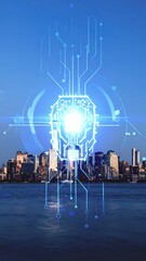 Poster - Central Energy Source Glowing Over City Skyline at Dusk