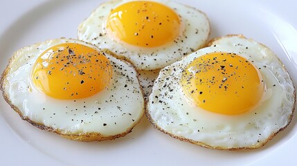 Poster - A close-up of perfectly fried sunny-side-up eggs on a white plate, with golden yolks shining and a sprinkle of black pepper for a simple yet appetizing presentation.
