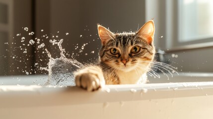 Poster - A curious cat perched on the edge of a bathtub, playfully splashing water with its paw while the water creates small ripples around its fluffy fur.