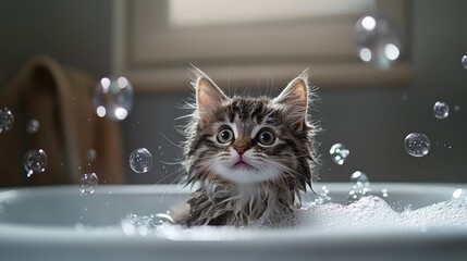 Poster - A fluffy cat standing in a shallow tub, surrounded by bubbles, with a look of surprise as it shakes off water droplets, capturing the playful moment.