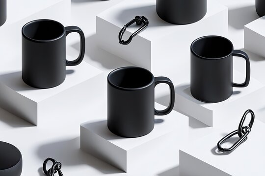 Minimalist rendering of matte black mugs on white cubes, interspersed with black carabiner clips, casting subtle shadows