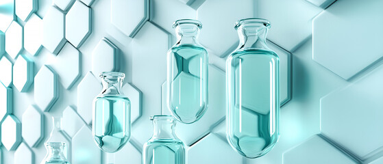 Fototapete - Transparent bottles with blue liquid arranged against a hexagonal pattern background representing science and innovation
