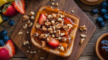 Poster - A rustic setting featuring a slice of honey toast topped with caramel sauce and chopped nuts, with a side of fresh fruit for a well-rounded dessert.