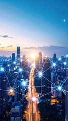 Poster - Urban Skyline with Leading Lines and City Layout at Sunset