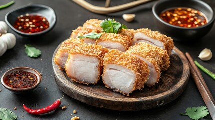 Poster - A serving of crispy pork belly fried in fish sauce, arranged on a rustic wooden plate with a side of fresh chili and garlic dipping sauce.