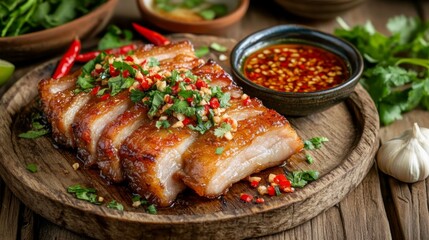 Poster - A serving of crispy pork belly fried in fish sauce, arranged on a rustic wooden plate with a side of fresh chili and garlic dipping sauce.