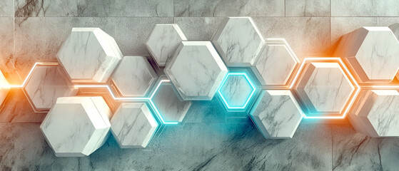 Fototapete - Elegant hexagon wall design with marble texture and illuminated neon geometric details