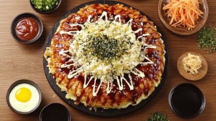 Poster - A top-down view of a colorful okonomiyaki feast, featuring different variations on a wooden table, garnished with sauces and fresh ingredients for an inviting scene.