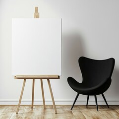 Aufkleber - A blank canvas on a wooden easel stands beside a sleek, black, egg-shaped chair against a minimalist white wall and light wood floor